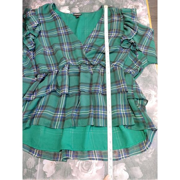 Torrid Chiffon Ruffled Surplice Crop Top Long Sleeve Plaid Green Womens Size 1 - Picture 7 of 8